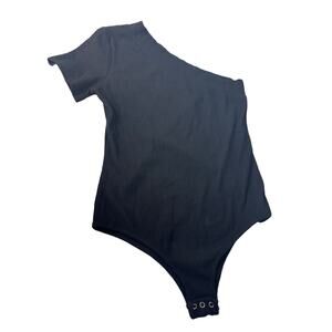 Reoria Womens Short Sleeve Ribbed Knit One Shoulder Casual Black Bodysuit Large